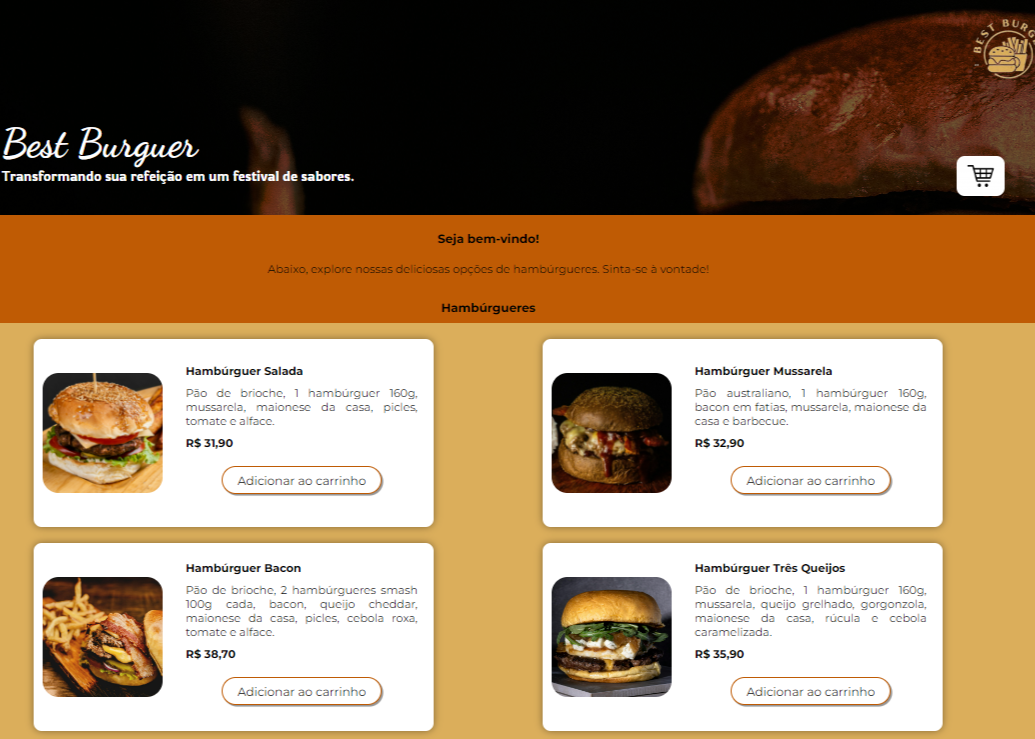 Print de uma tela mostrando um site para pedido na hamburgueria Best Burguer.